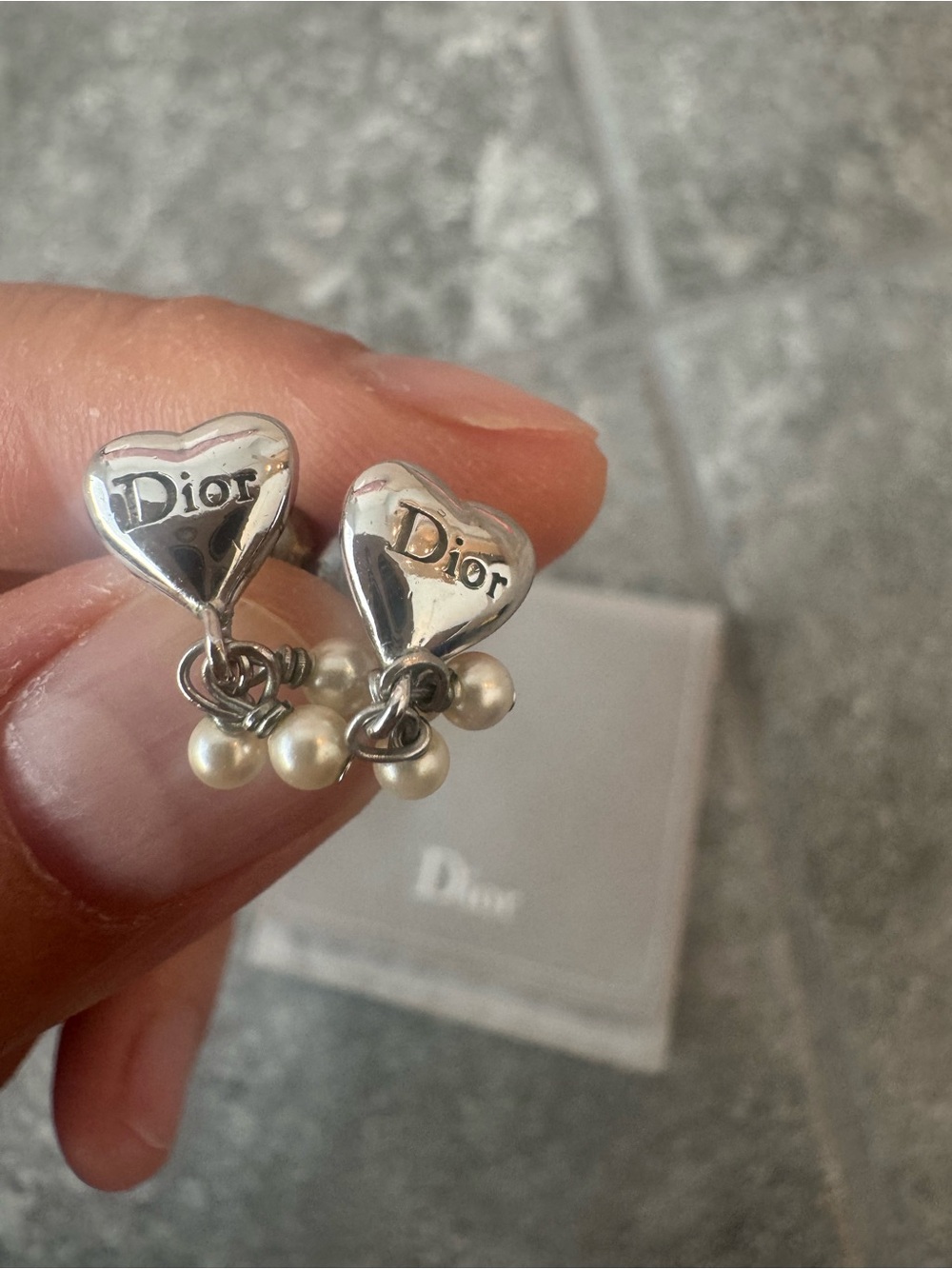 Christian Dior vintage heart shape mini pearl details silver hardware earrings
